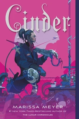 'Cinder' by Marissa Meyer book cover showing a woman with a cyborg arm and leg in her lab.