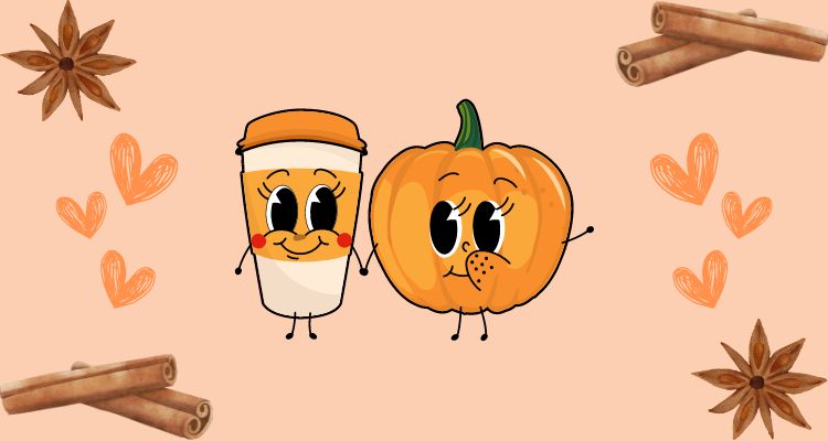 A pumpkin and a coffee cup holding hands with cinnamon, cloves, and hearts.