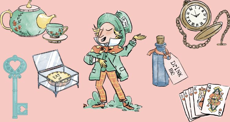 The Mad hatter with a pocket watch, a "Drink Me" potion bottle, a stack of playing cards, an "Eat Me" cake, a fancy key, and a tea pot with a tea cup.