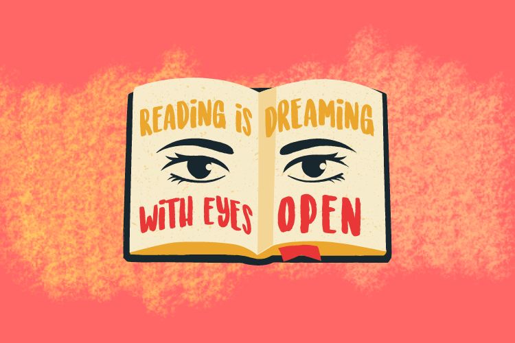 An illustration of an open book on which two eyes are drawn and inscribed “Reading is Dreaming With Eyes Open” on the Bookstr orange background.