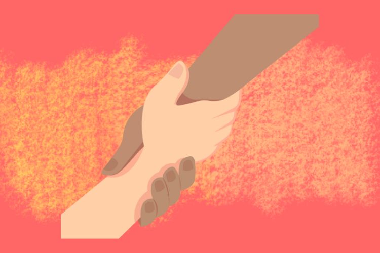 An illustration of two joined hands that are holding on to each other on the Bookstr orange background. .