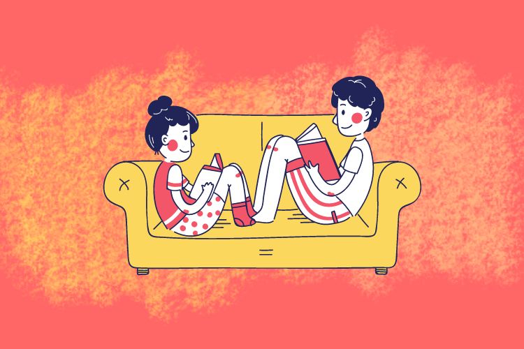 An illustration of a boy and a girl while reading on a couch on the Bookstr orange background.