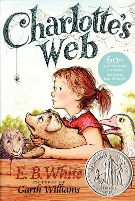 'Charlotte's Web' by E. B. White and illustrated by Garth Williams book cover with a little girl holding a pig and a lamb, goose, and spider nearby