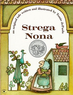 'Strega Nona' by Tomie dePaola book cover shpwing an old woman in front of a small house and looking at a peacock on a tree