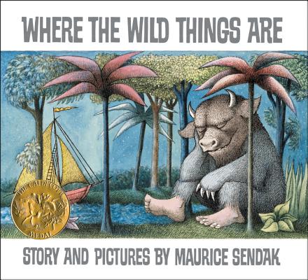 'Where the Wild Things Are' by Maurice Sendak book cover with a large creature sleeping in a forest and a small boat nearby