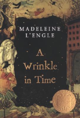 'A Wrinkle in Time' by Madeleine L'Engle book cover with an older woman standing at the bottom and three children floating at the top