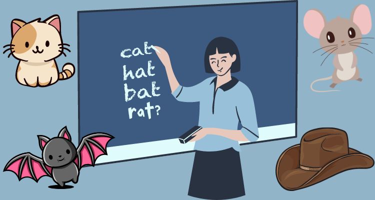 A teacher writing the words "cat, hat, bat, and rat" on a chalkboard with cartoon images of a cat, hat, bat, and rat.