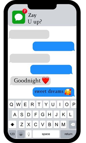Phone with a text message that reads "Goodnight" with a red heart emoji and a "sweet dreams" with an emoji face surrounded by red hearts reply. Along with a notification from Zay that says "U up?"