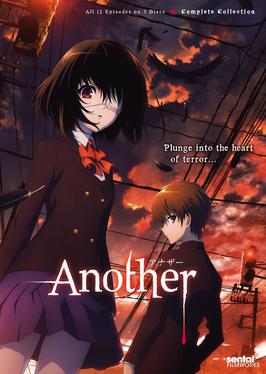 "Another" promotional poster of Mei and Kouichi under a red sky with crows flying through power lines. The "r" in the title is blood dripping under the letter.