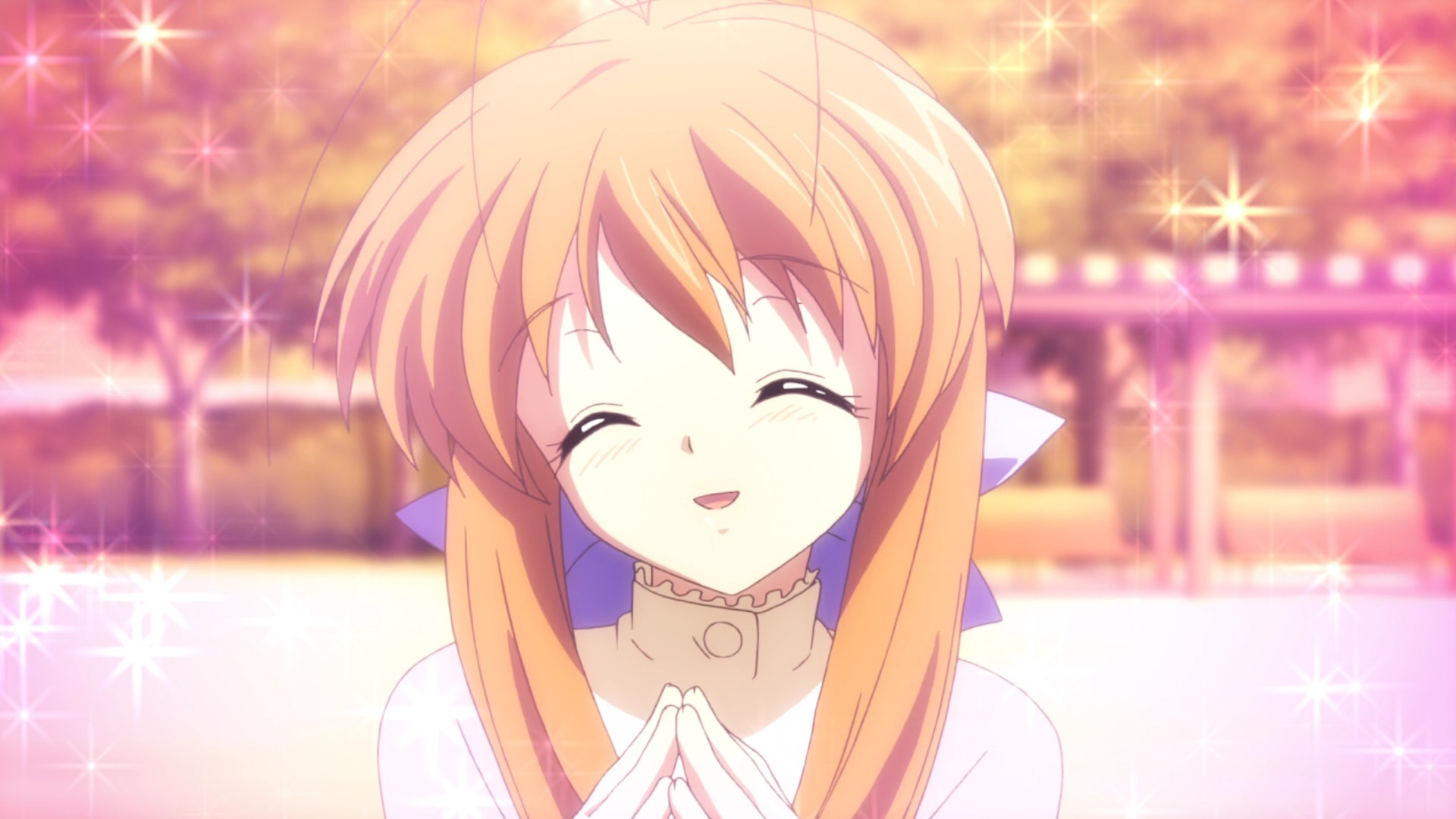 "Clannad" anime shot of Sanae Furukawa looking glad as sparkles surround her. Her hands are clapped against each other,