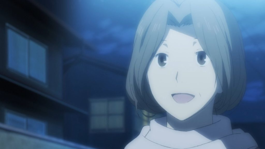 "Natsume's Book of Friends" anime shot of Touko Fujiwara meeting Natsume for the first time before officially adopting him. She has a wide smile as she stands under a post light during nighttime.