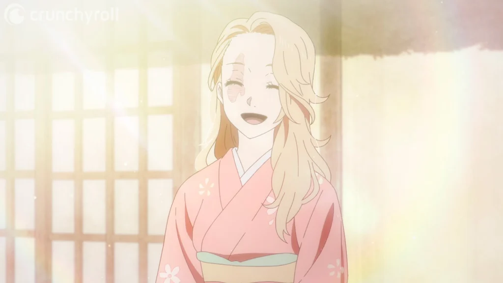 "Hell's Paradise" anime shot of Yui smiling with her eyes closed and mouth open, the sun's beams illuminating her face; a memory of Gabimaru as he imagines his wife.