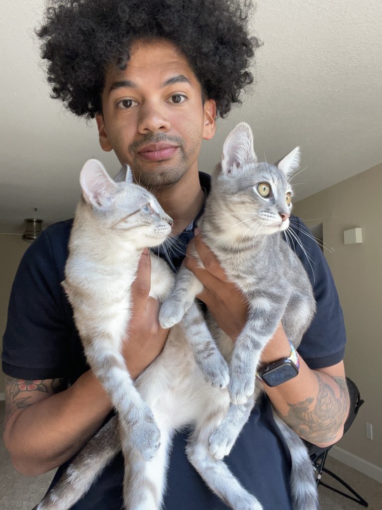Mychal holding two gray and white cats