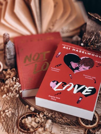 Image provided by Bookstagrammer Steph of "Not in Love" by Ali Hazelwood. One book is a red hard cover with no sleeve, and the other book has an image of two people close together with a heart.