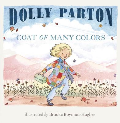 Coat of Many Colors cover, a girl skipping to school in the mountains with a lunch box and a patchwork coat.