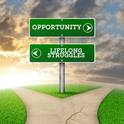 Crossroads with one sign pointing towards "opportunity" and the other pointing towards "lifelong struggles."