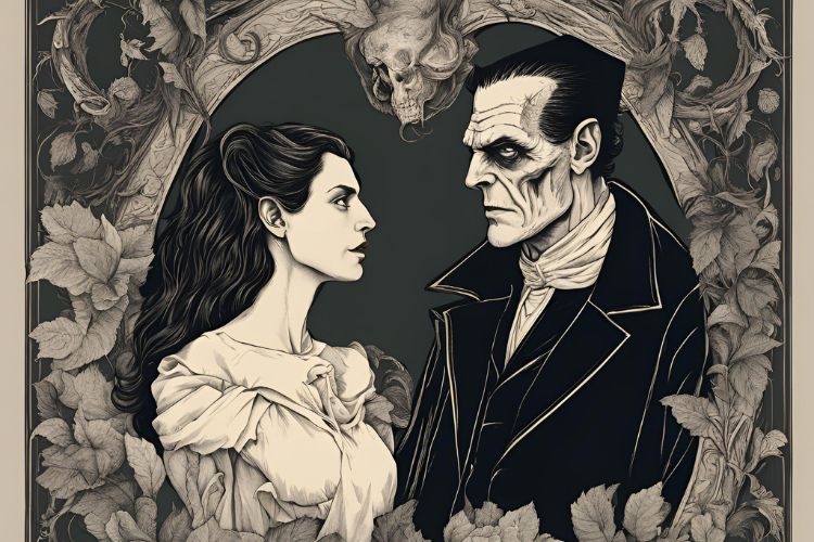 A woman and a grotesque man, framed by climbing plants.