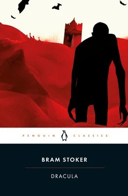 Red book cover depicting a hulking figure in the foreground, a tower in the background, and several bats in the air.