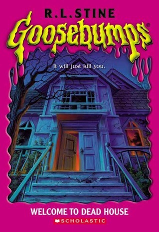 A pink book cover with a scary house on the front.