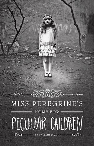 Miss Peregrine’s Home for Peculiar Children by Ransom Riggs, book cover depicting a young child in outdated clothing floating in a forest.