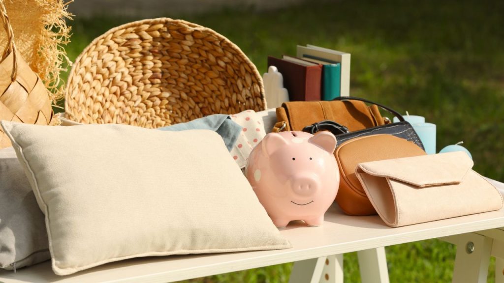 There is a table outside on a lawn. On it, are books, purses, baskets, pillows, and a piggy bank.