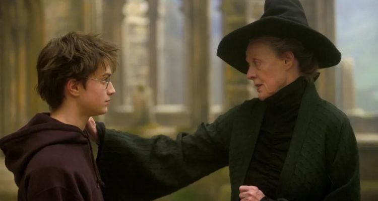 An elderly woman in a witch's hat and green cloak reaches her hand out to the shoulder of a boy with a maroon sweatshirt and round glasses.