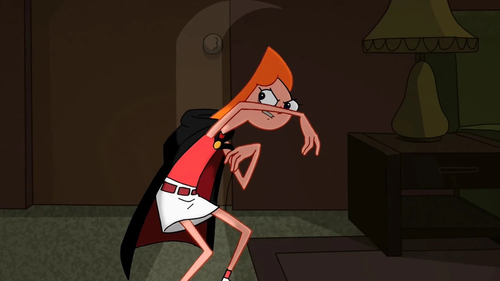 Candace hunching over in a cloak, flinching away from sunlight.