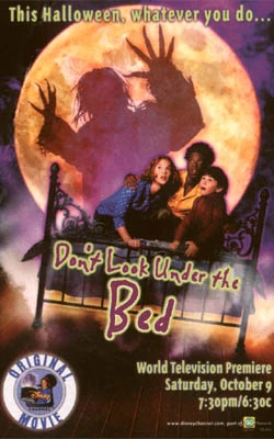 Three kids cowering on a bed with an ominous shadow casted on a big yellow moon behind them.