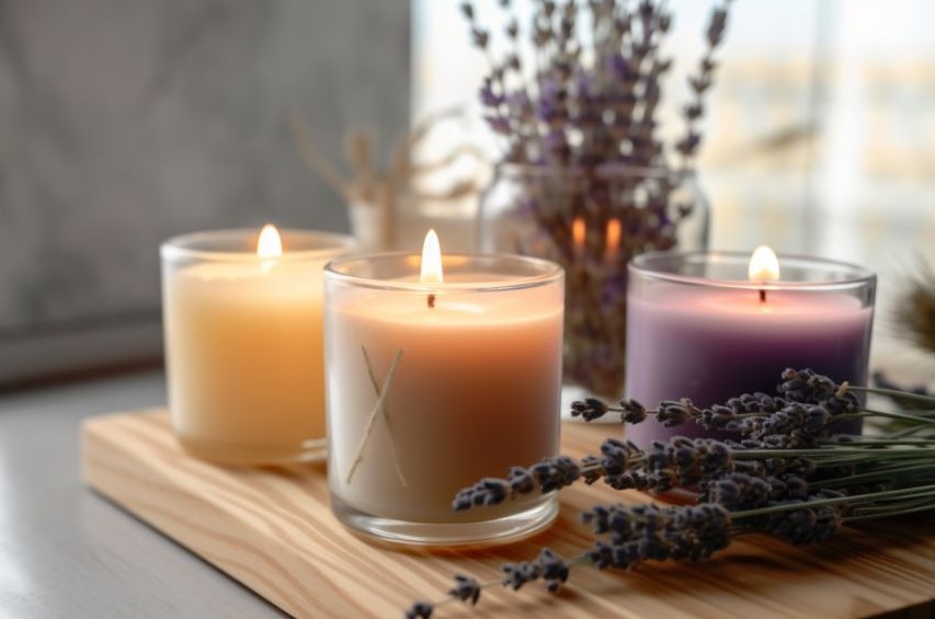 Three candles with bundles of lavendar near them on a small board