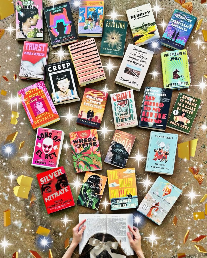 Multiple book covers with sparkles and a girl reading an open book at the bottom of the frame