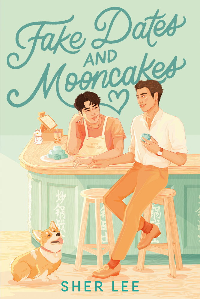 Two fictional men in a bakery on the cover of Fake Dates and Mooncakes.