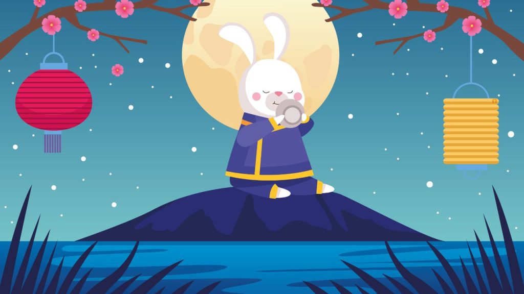 A bunny sitting on a rock in a body of water with a full moon behind it.
