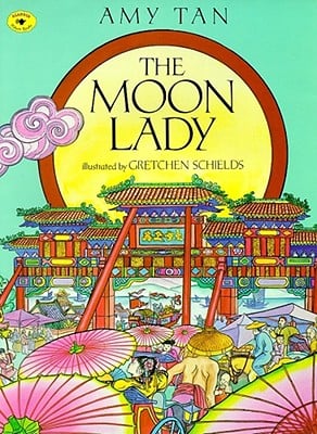 A colorful China city on the cover of The Moon Lady by Amy Tan.