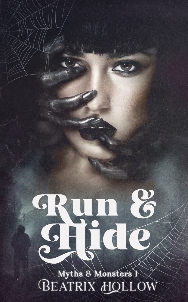 Run & Hide cover, white girl with dark hair, brown eyes has hands and spiders crawling over her face.