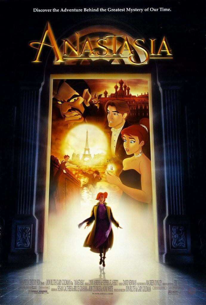 Anastasia walks into a dark hallway with bright light behind her. Framed within the doorway, scenes from the movie appear: the cities of Paris and Moscow, Rasputin looming at the top right, and Dimitri and Anastasia in the Russian ballet theater holding a music box.