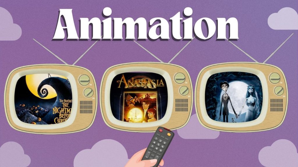 Three classic animated movies displayed on vintage television screens: The Nightmare Before Christmas, Anastasia, and Corpse Bride, with a remote control pointing toward them, set against a purple background.