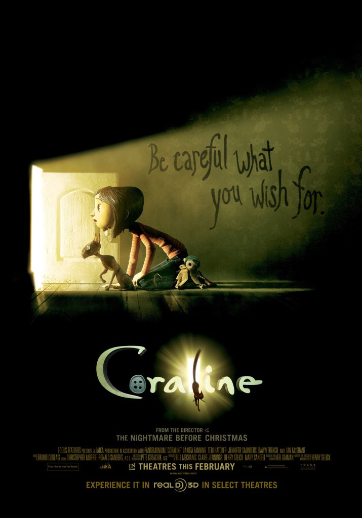 Coraline and the black cat gaze in awe at the glowing light emanating from a small white door, with the phrase 'Be careful what you wish for' displayed on the wall behind them. The title Coraline appears at the bottom of the image.