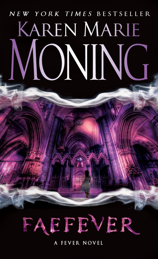 Cover of Faefever by Karen Marie Moning, showcasing a lone figure in a flowing dress standing in a gothic, cathedral-like structure illuminated by purple and pink light creating an eerie vibe.