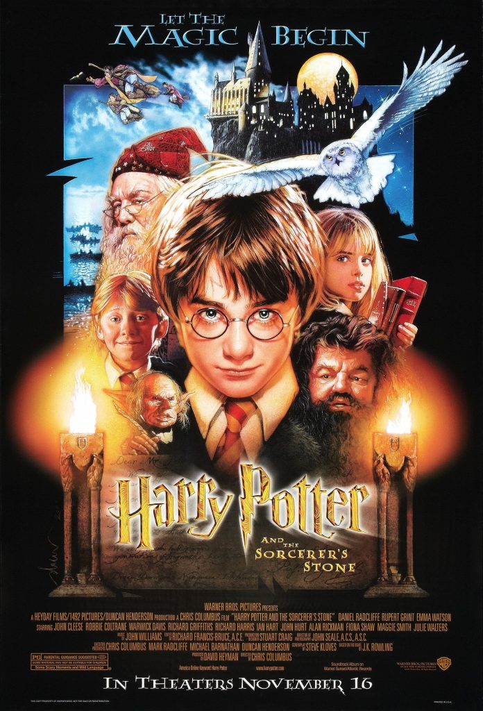 Harry Potter stands at the center, surrounded by key characters including Hermione Granger, Ron Weasley, Hagrid, Dumbledore, and a goblin. Hogwarts looms in the background under a full moon, with Harry's owl, Hedwig, flying across the sky. The scene captures the magical essence of Harry Potter and the Sorcerer's Stone.