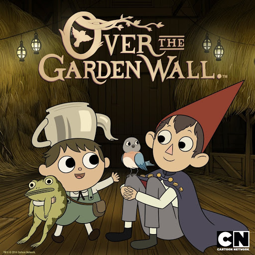 Characters Greg, Wirt, and Beatrice from Over the Garden Wall face each other in a cozy barn-like setting with string lights. Greg holds a frog, while Wirt sits with Beatrice the bluebird resting on his knee.