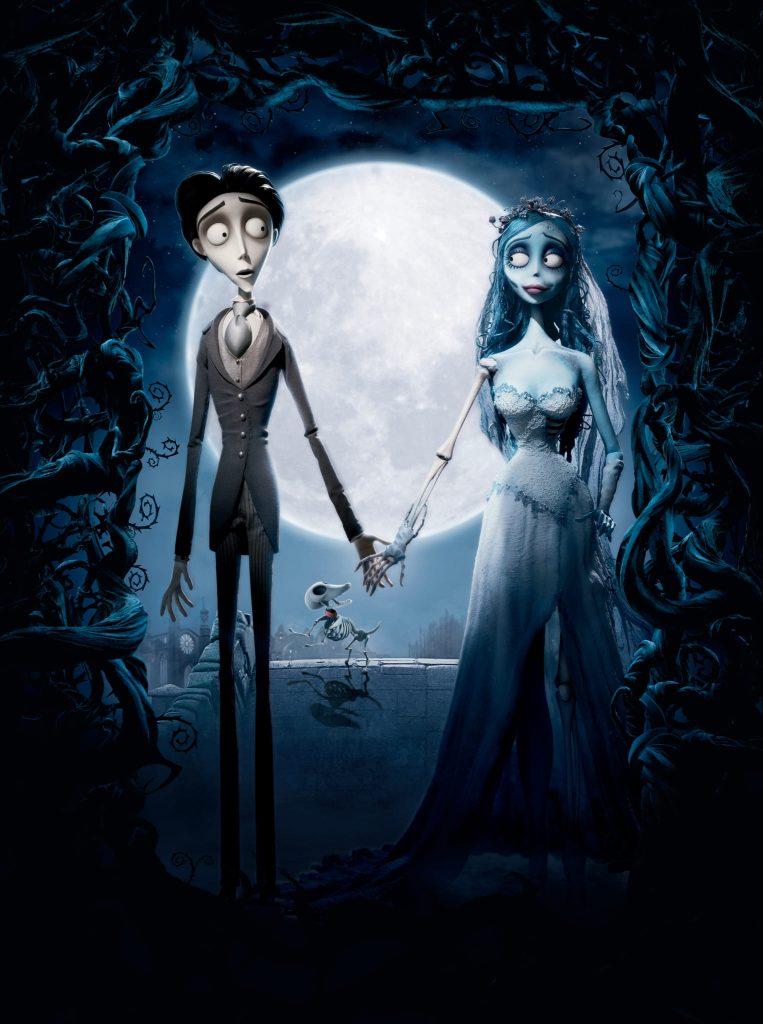 An eerie yet romantic scene from The Corpse Bride, featuring a skeletal groom and a ghostly bride holding hands under a full moon, framed by dark, twisted vines.