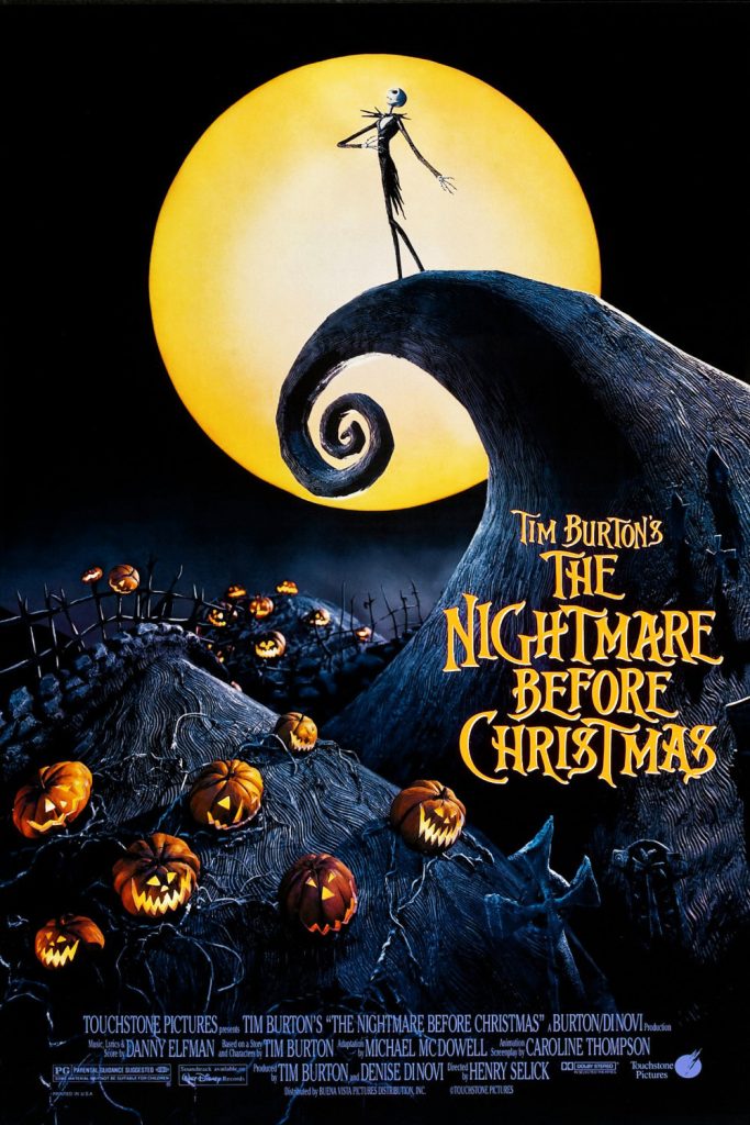 Iconic scene from The Nightmare Before Christmas where Jack Skellington stands atop a spiral hill against a massive full moon, surrounded by eerie pumpkins in a dark landscape.