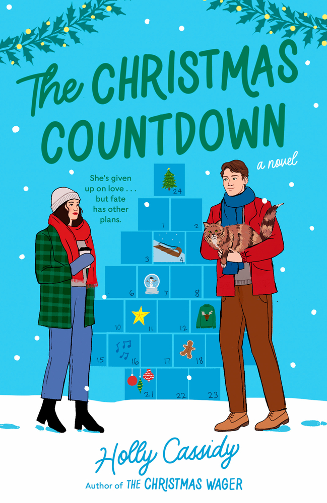 A fictional man and woman with an advent calendar behind the two in a winter setting.