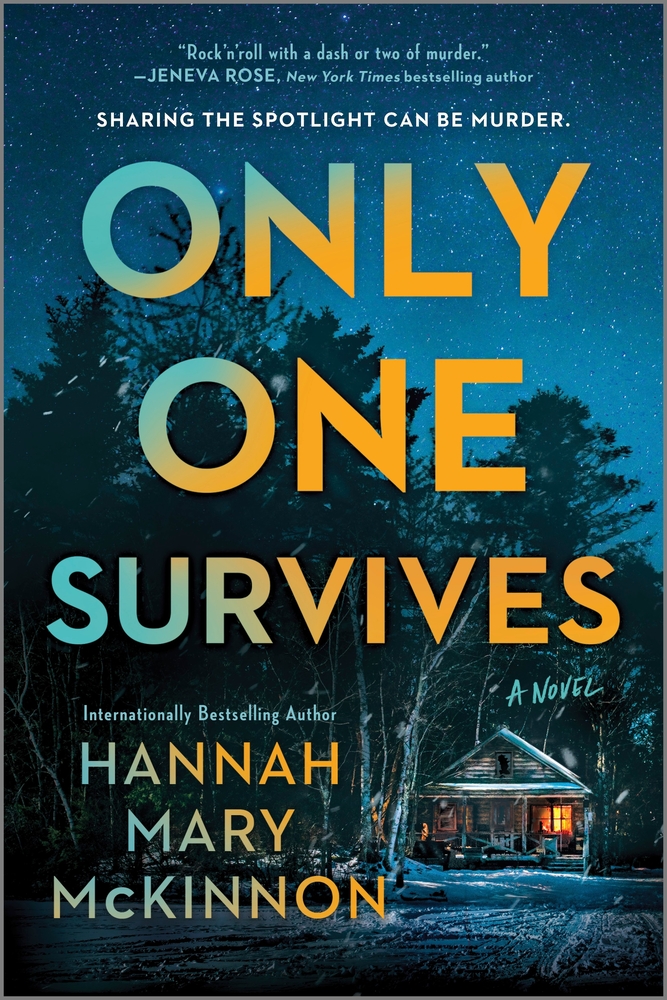 A cabin in the woods at night on the cover of Only One Survives.