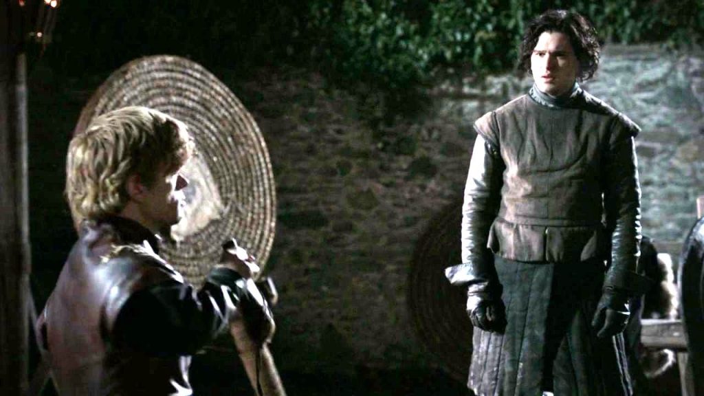 "Games of Thrones" of Jon Snow and Tyrion Lannister talking as Tyrion drinks from a leather sack.
