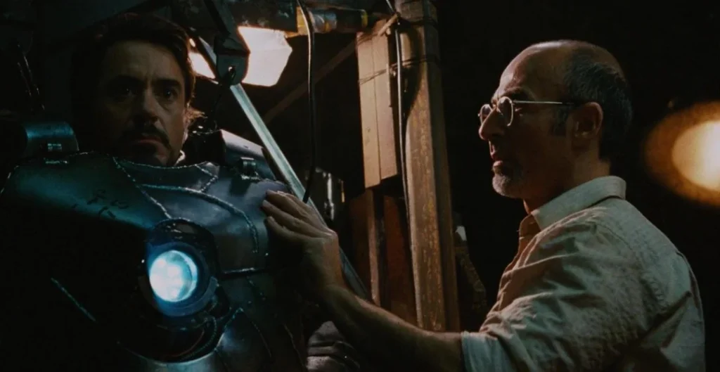 "Iron Man" movie scene of Tony Stark getting ready to escape his captors in the Mark I Iron Man suit with the help of Yo Ho Yinsen.