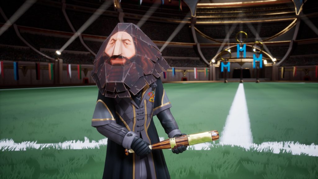 A construction paper helmet of a low-resolution Hagrid face on a players head.