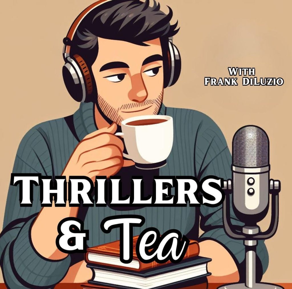Animated image of Bookstagrammer Frank DiLuzio sipping tea with books stacked in front of him, wearing headphones, and a podcast microphone next to him. The title of his podcast is Thrillers and Tea.