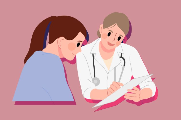 Illustration of two women, one a patient and the other a doctor, conversating.