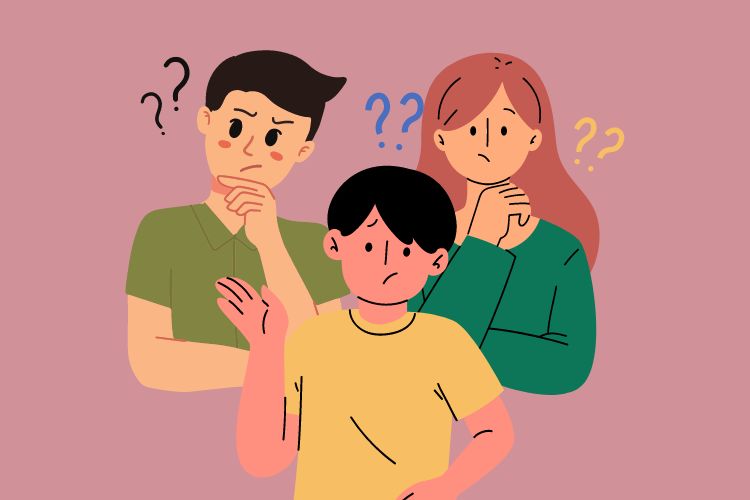 Illustration of three people with question marks next to their heads in thoughtful face modes.